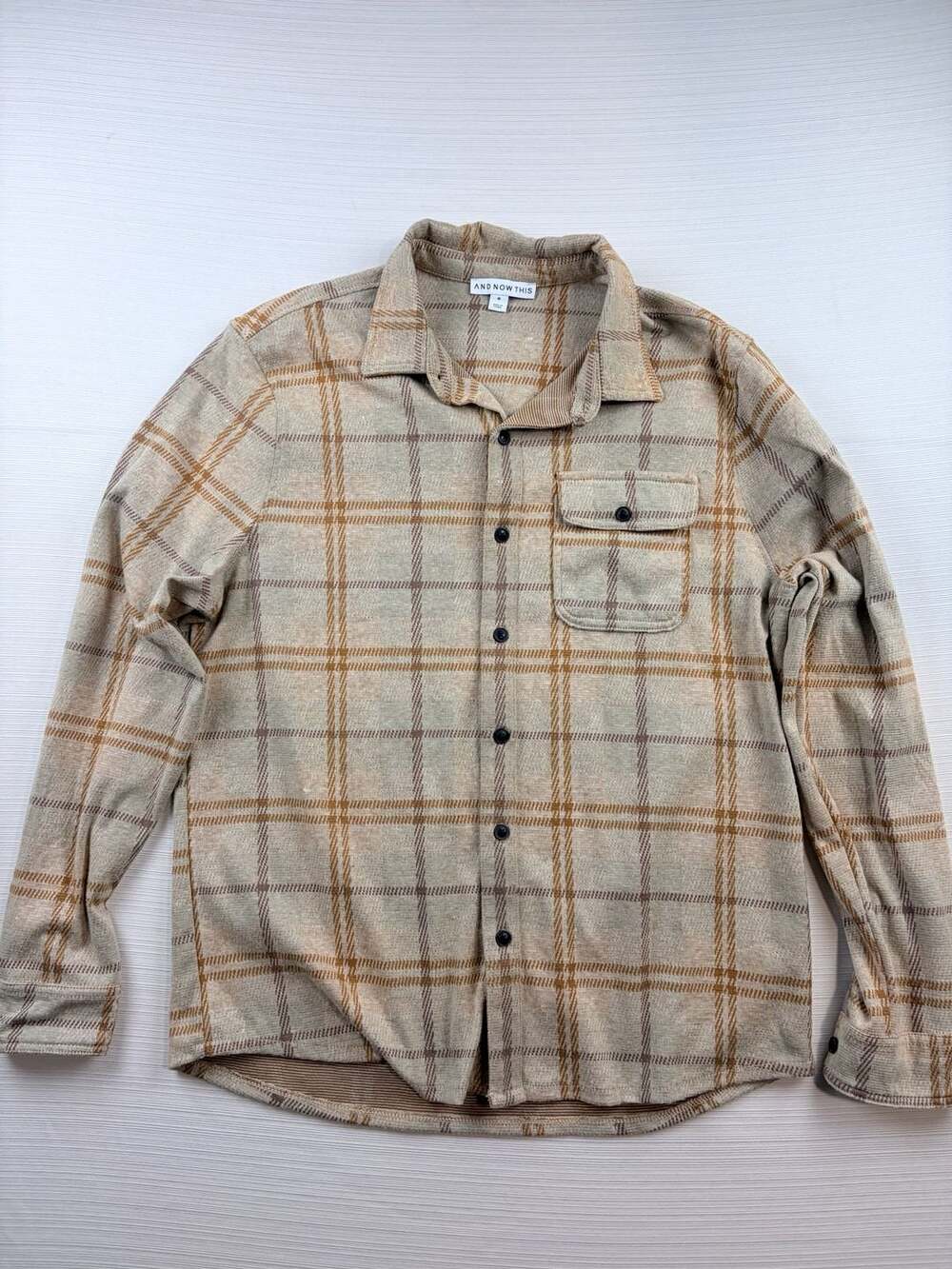And Now This Plaid Button Down Shirt Size M Beige Brown Long Sleeve Pocket
